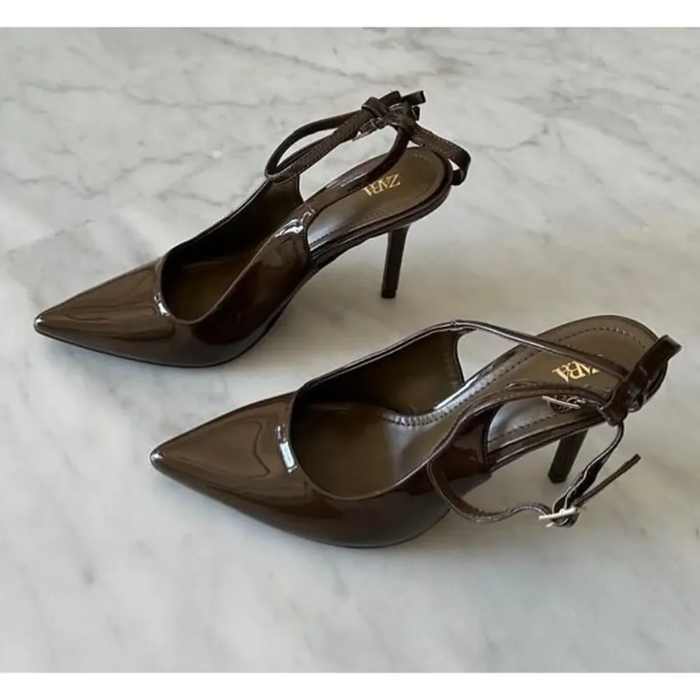 Zara Khaki Patent Slingback Stiletto Heels Pointed Toe NWT - Picture 14 of 16
